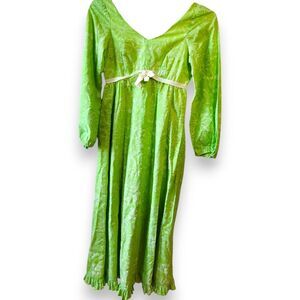VTG 70s Liberty House Hawaiian Maxi Dress Floral Prairie Hostess XXS XS Green
